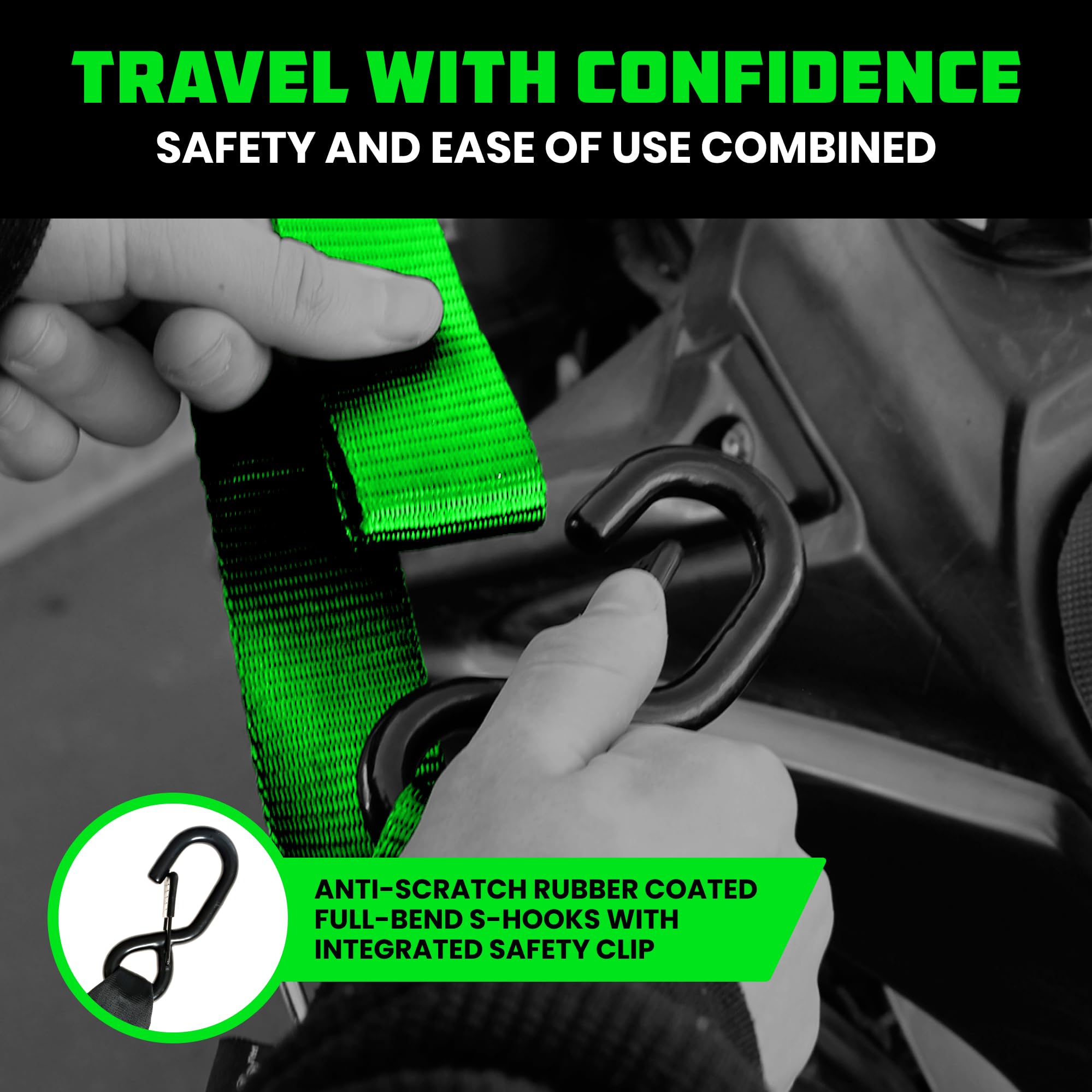 Rhino USA straps in use on a motorcycle securing handlebars, prevents movement during transport