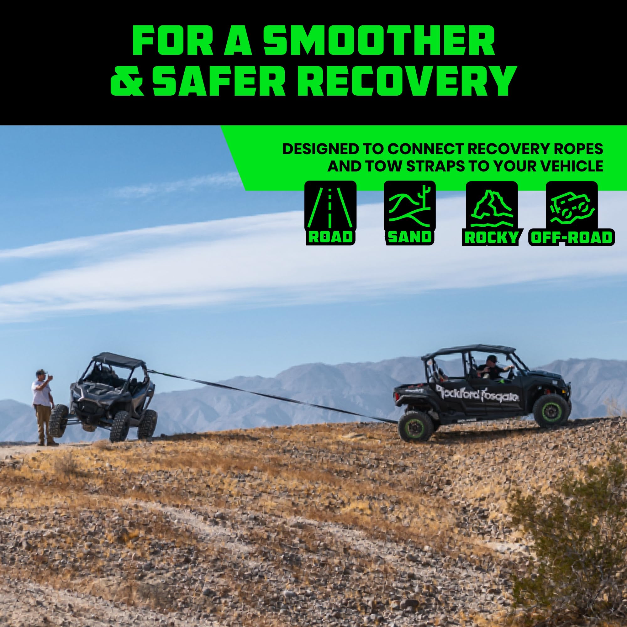 Rhino USA soft shackle attached to a tow point during an actual vehicle recovery