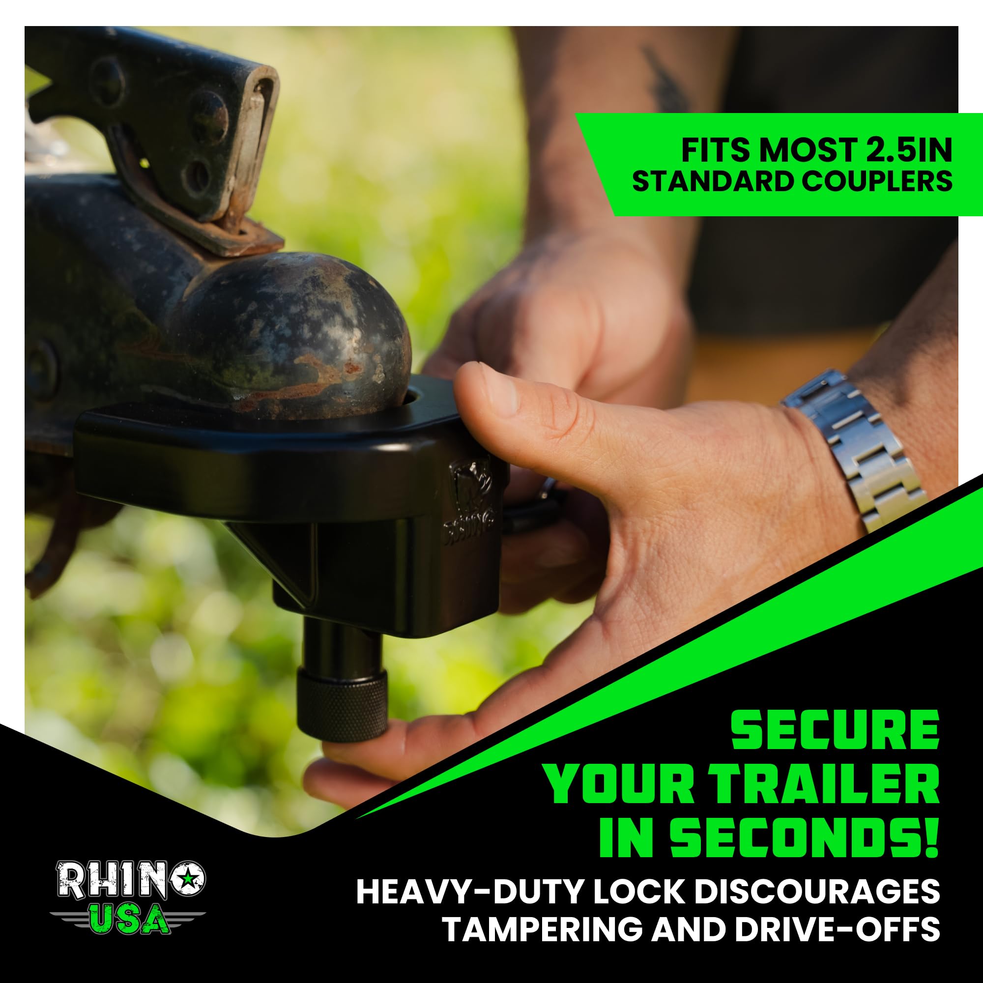 Rhino USA lock installed on a trailer coupler showing theft deterrence