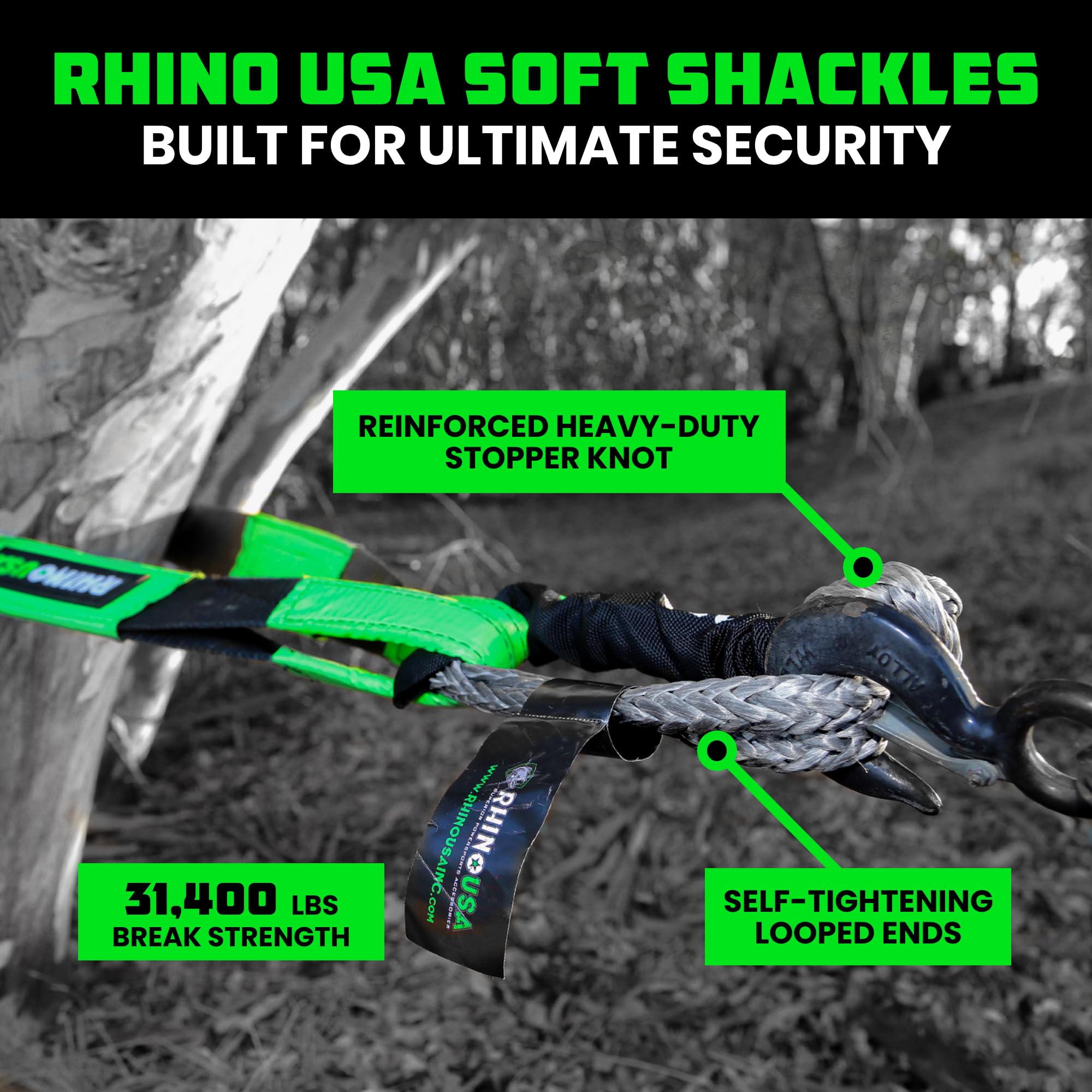 Rhino USA close-up of shackle knot illustrating secure cinch and easy use