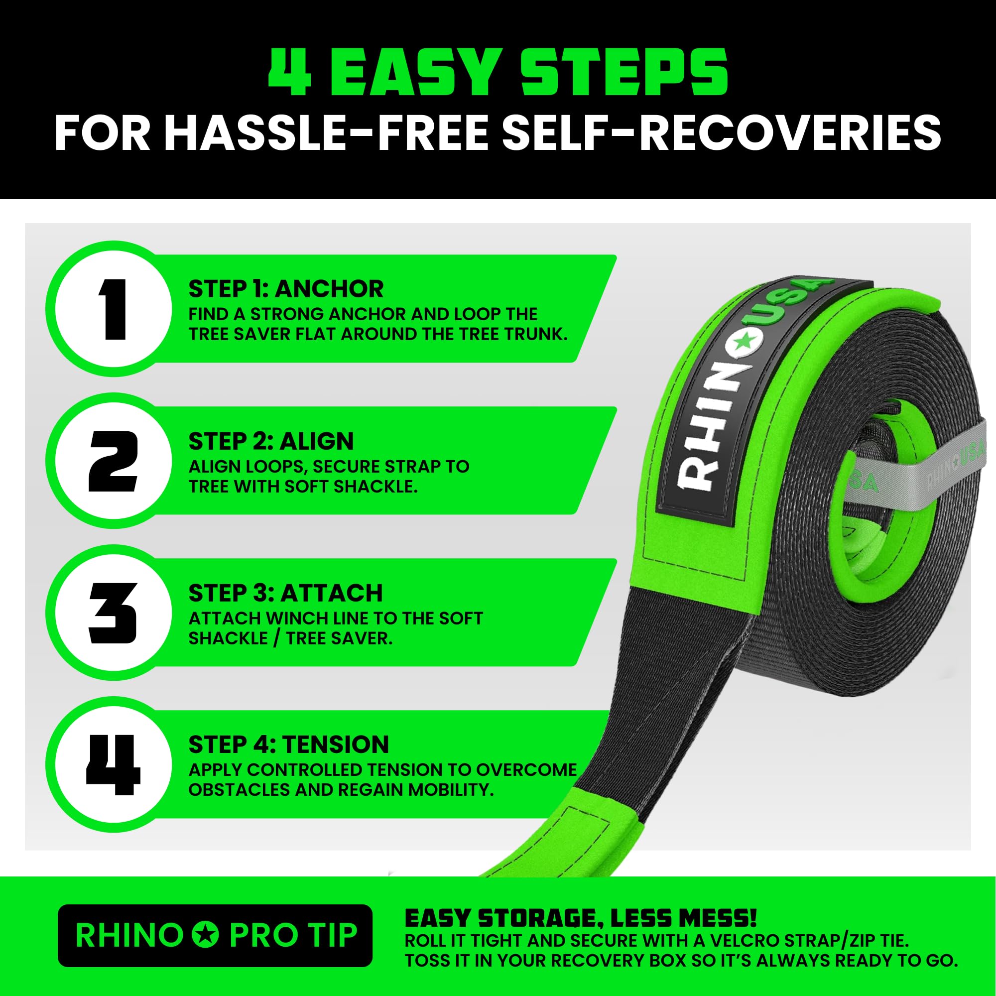 Rhino USA strap next to measuring tape showing 8 ft reach benefit