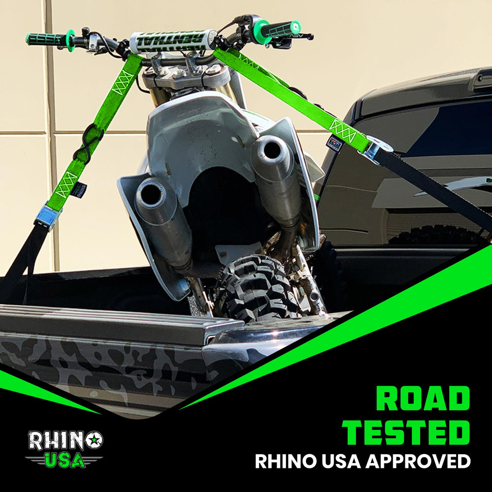 Rhino USA straps securing bikes in a trailer, shows organized and damage-free transport