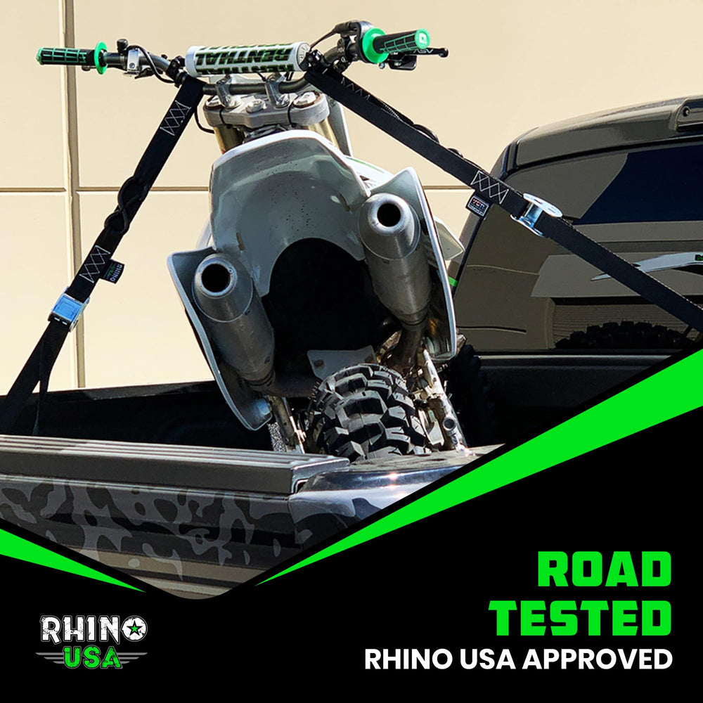 Rhino USA straps in a lifestyle trailer shot illustrating safe hauling on the road