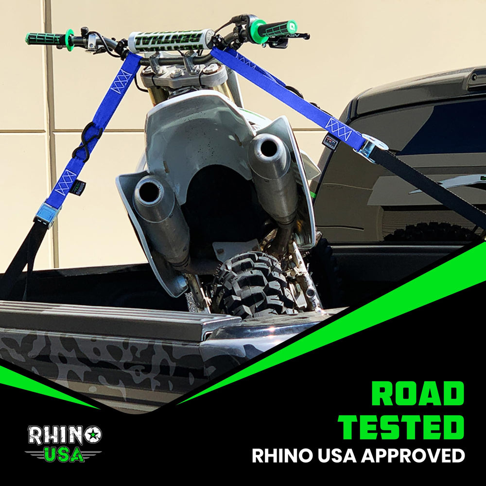 Rhino USA in-use lifestyle shot with straps anchoring bikes in a truck bed safely