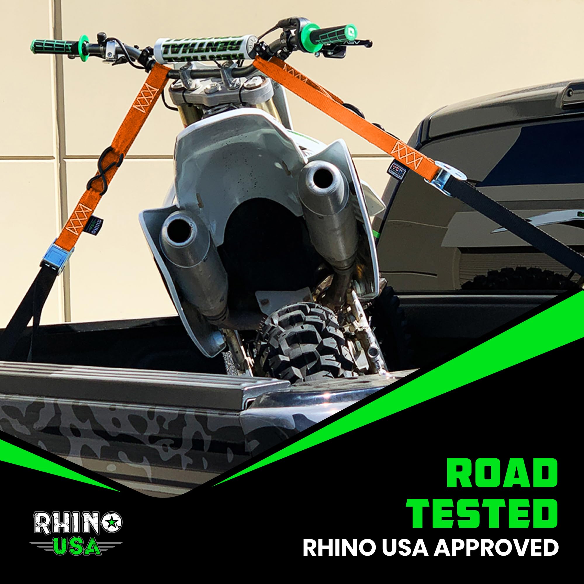 Rhino USA straps used in truck bed transporting a dirt bike for reliable hauling