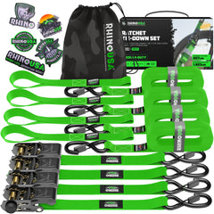 Rhino USA front packaging showing four ratchet straps and included bag for easy storage