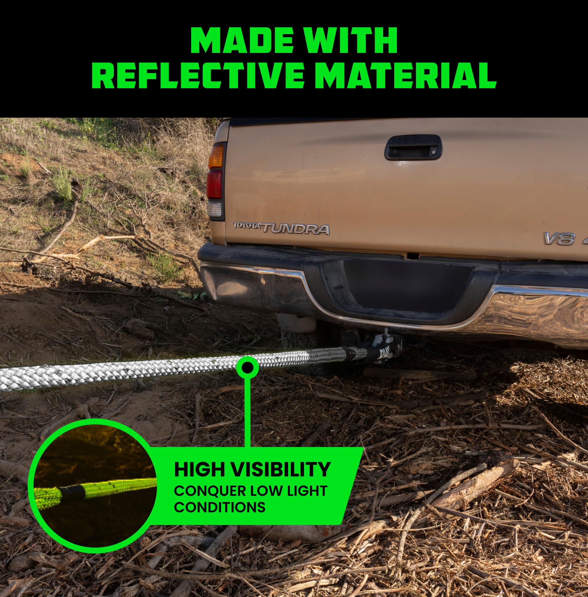 Rhino USA rope attached to a Jeep during recovery, safer pulls