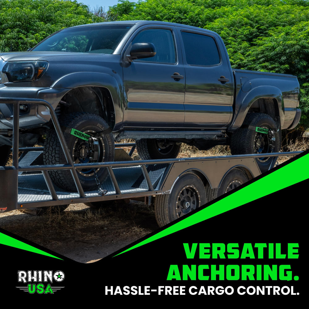 Rhino USA straps next to car wheel showing scale and appropriate strap length