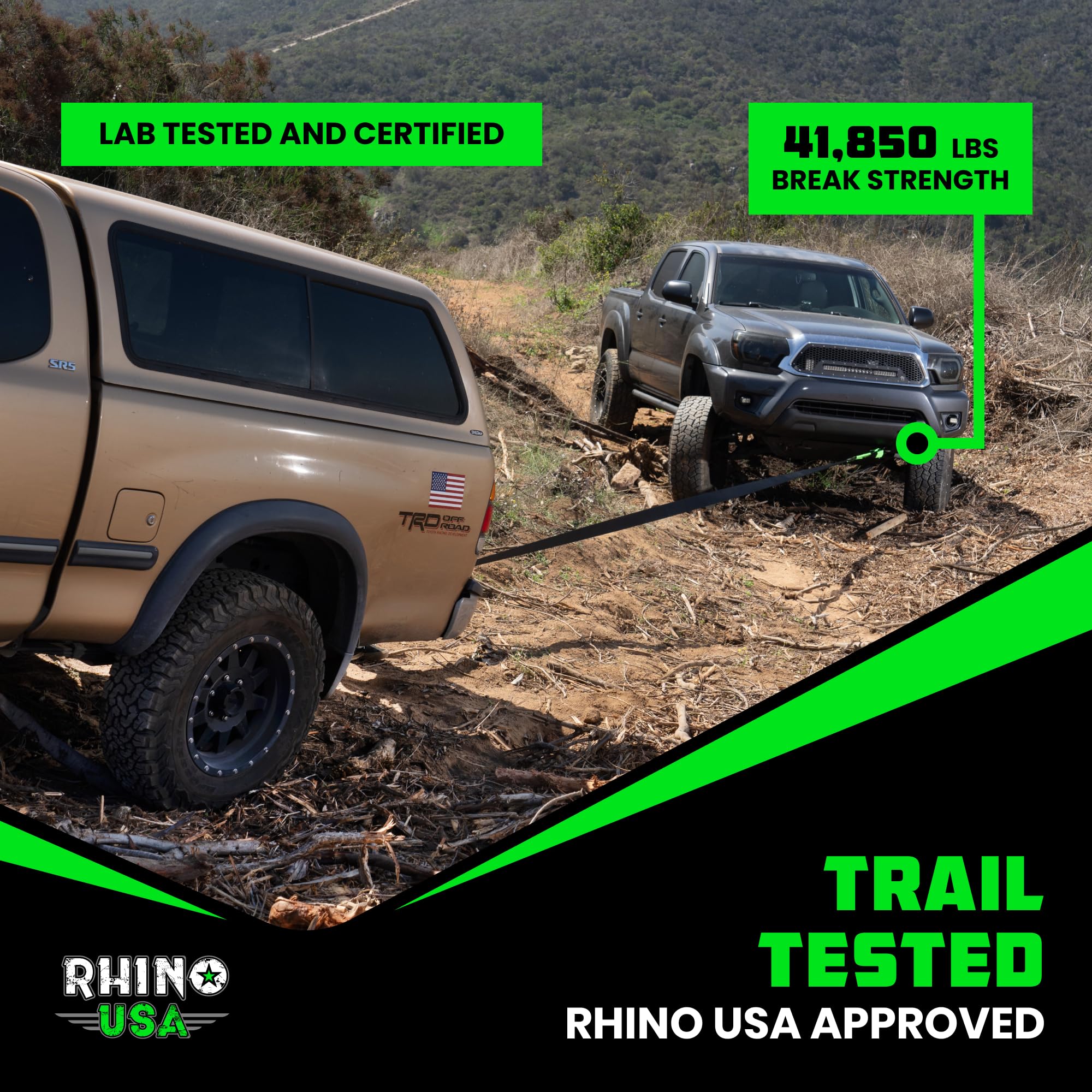 Rhino USA shackle on an off-road vehicle illustrating rugged use and reliability benefit