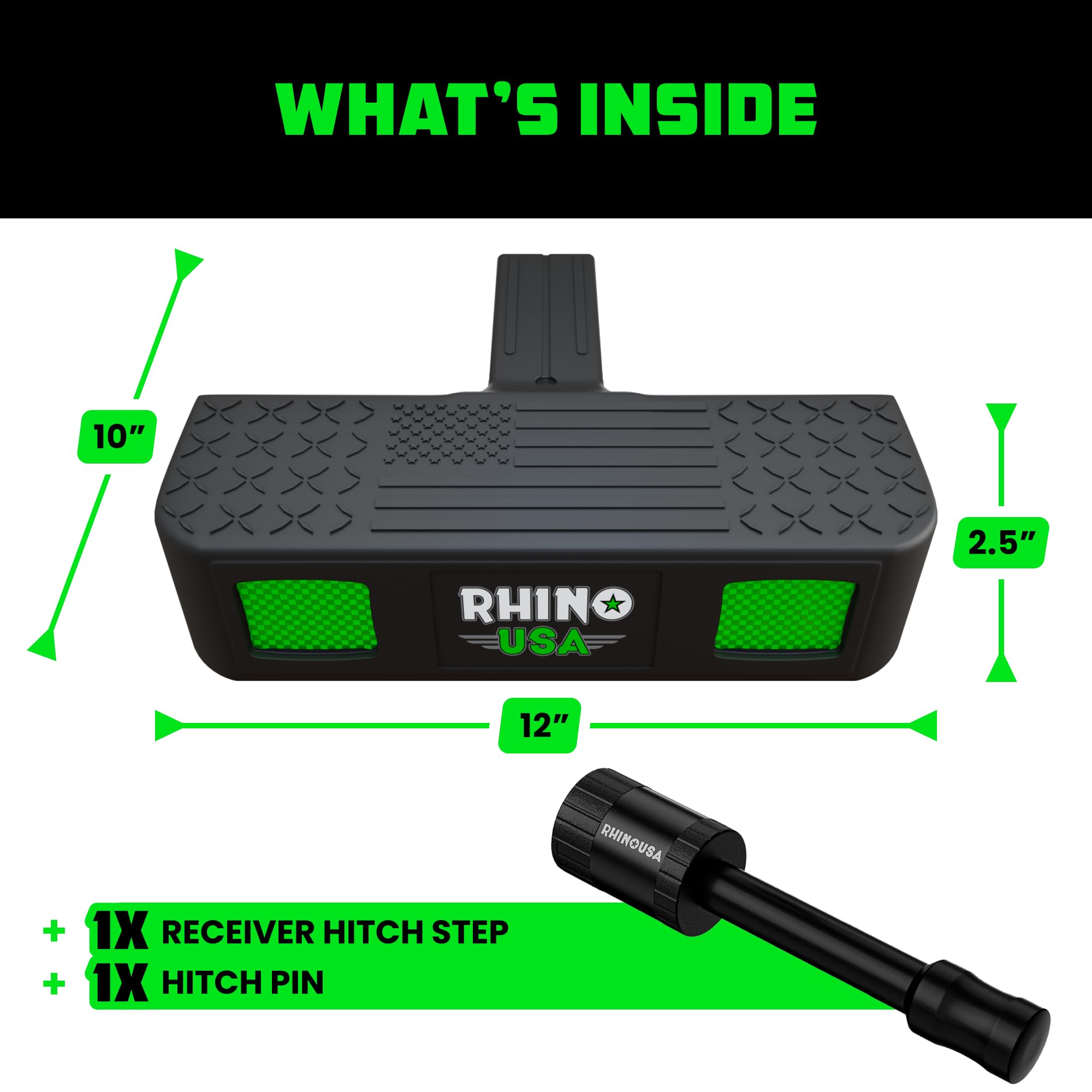 Rhino USA step next to ruler showing size and 2-inch receiver compatibility