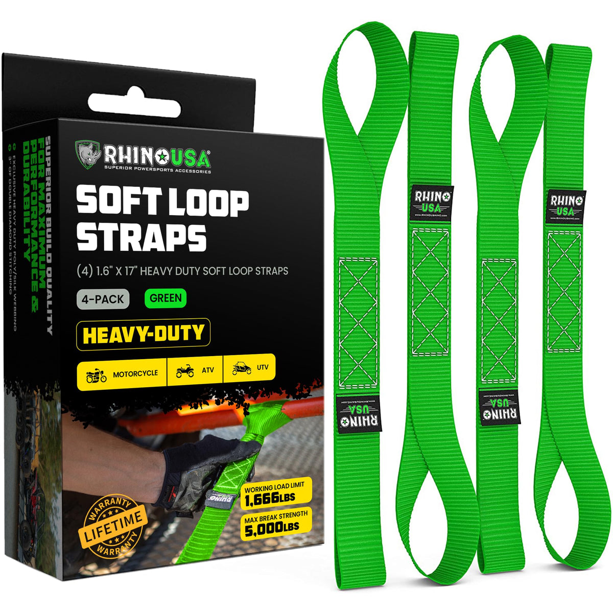 Rhino USA soft loop front packaging showing four loops and benefits