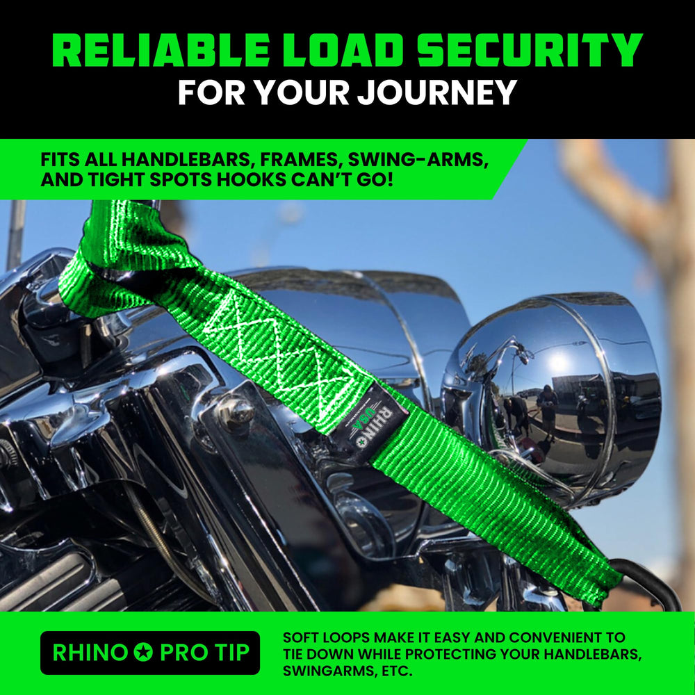 Rhino USA soft loop threaded around motorcycle handlebar preventing scratches