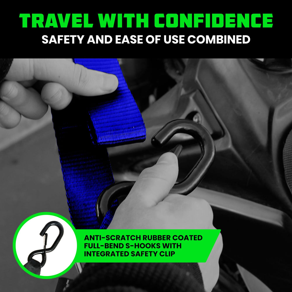 Rhino USA straps securing a motorcycle on a trailer for stable, damage-free transport