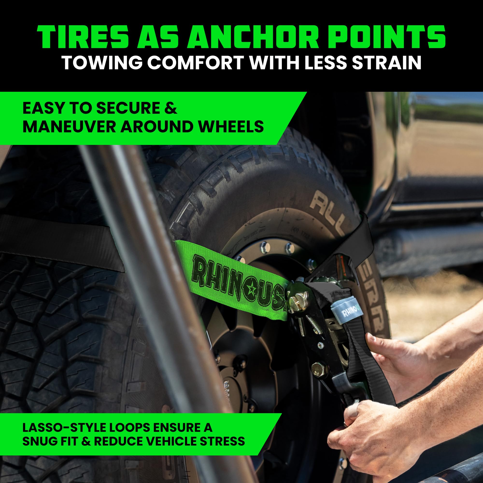 Rhino USA straps routed over tire on trailer illustrating secure suspension-friendly hold