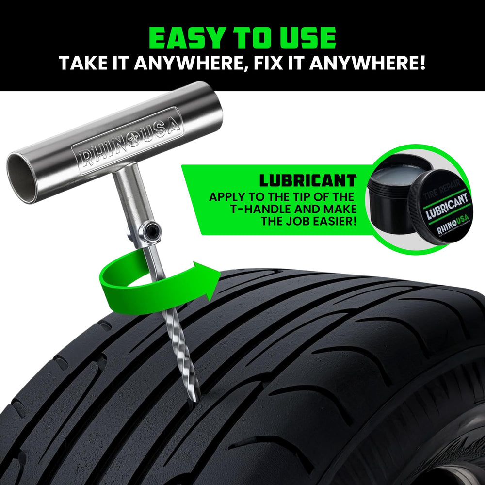 Rhino USA insertion tool being used to plug a tire puncture for roadside recovery