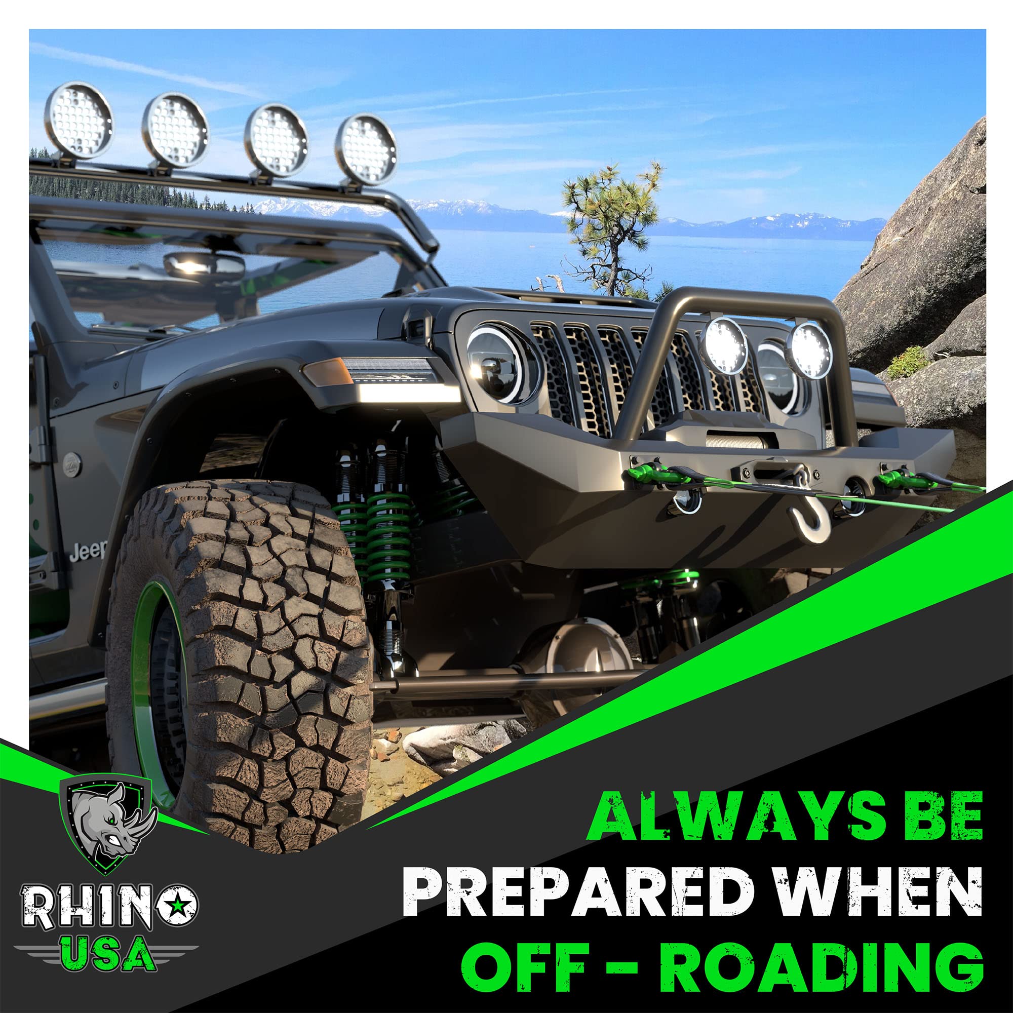 Rhino USA shackle in vehicle recovery scene providing reliable tow connection