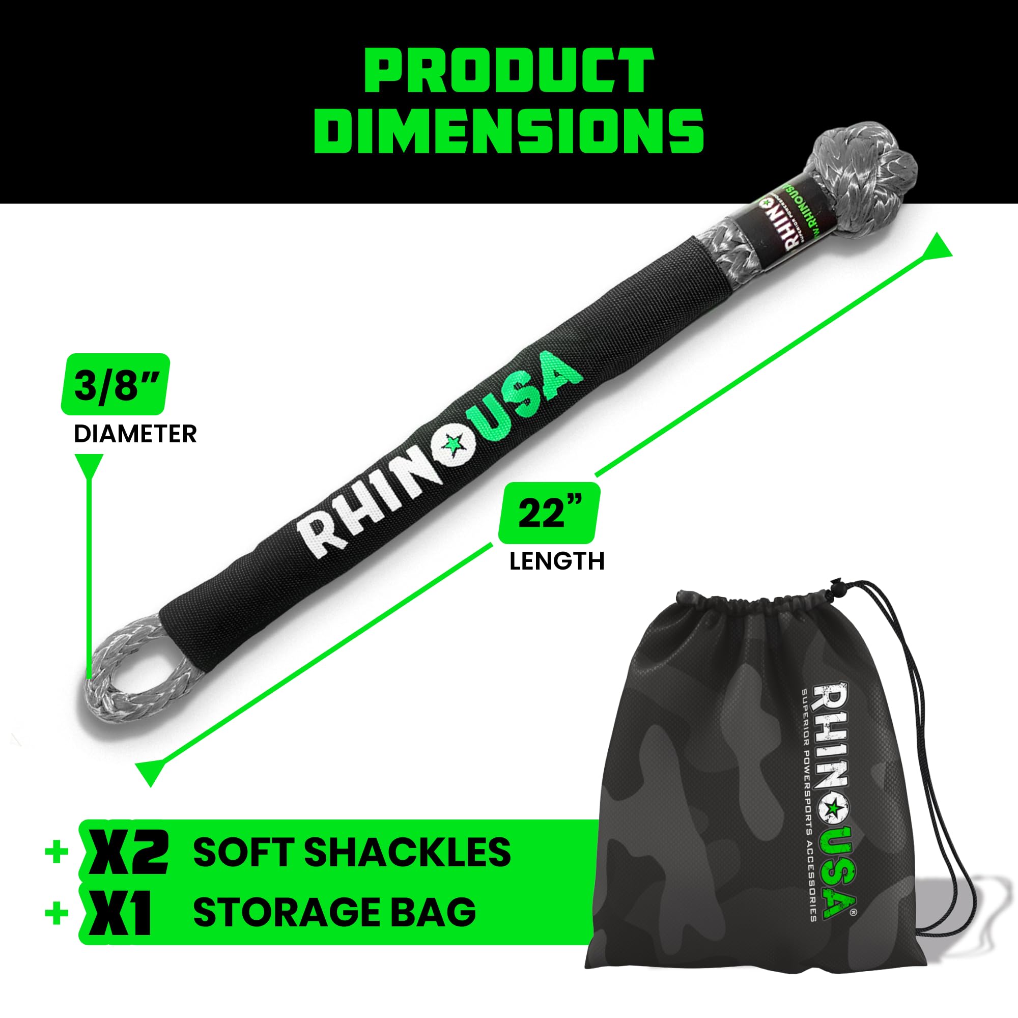 Rhino USA soft shackle beside a steel D-ring showing lighter, safer alternative