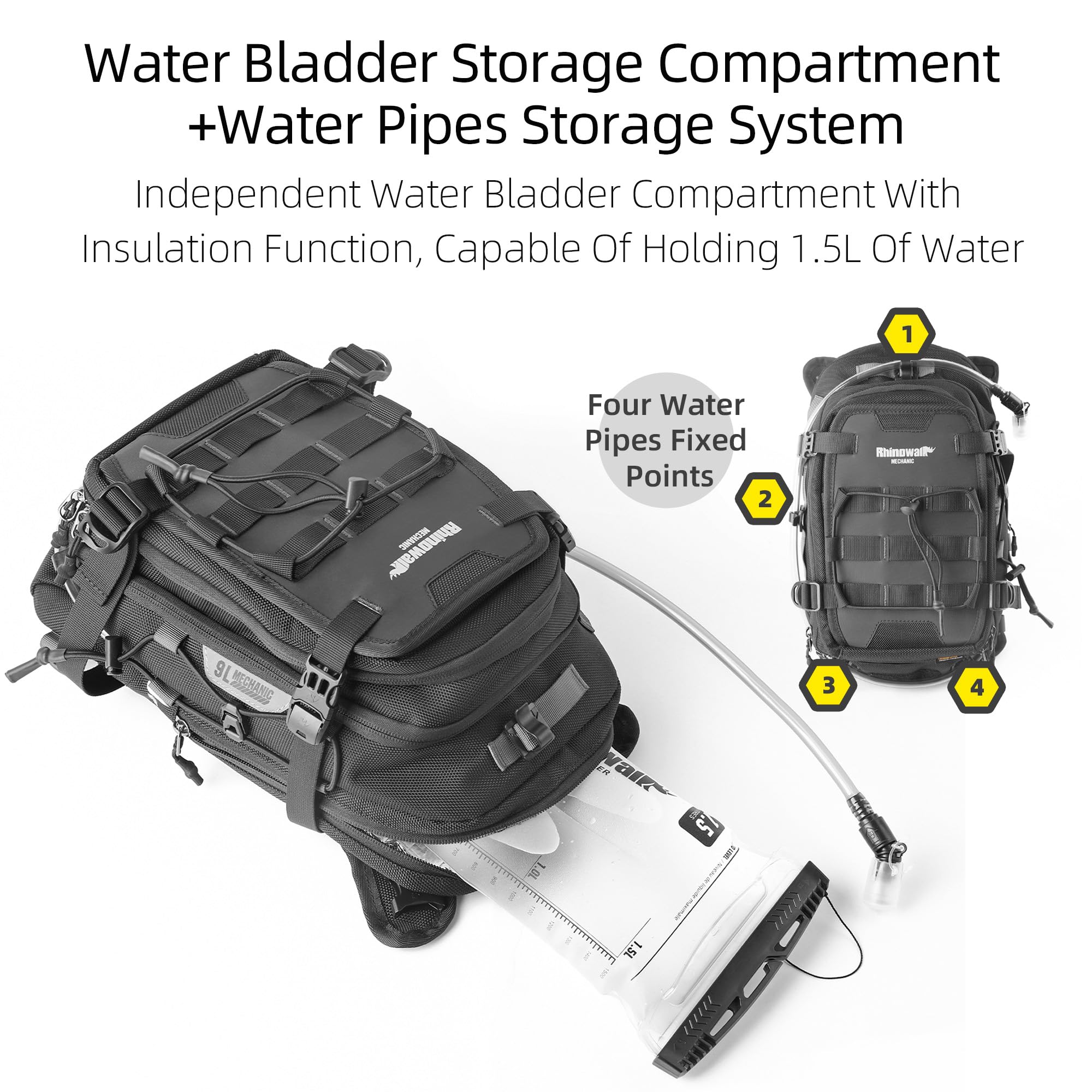 Rhinowalk hidden strap storage opened to reveal backpack straps for off‑bike carry