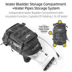 Rhinowalk hidden strap storage opened to reveal backpack straps for off‑bike carry