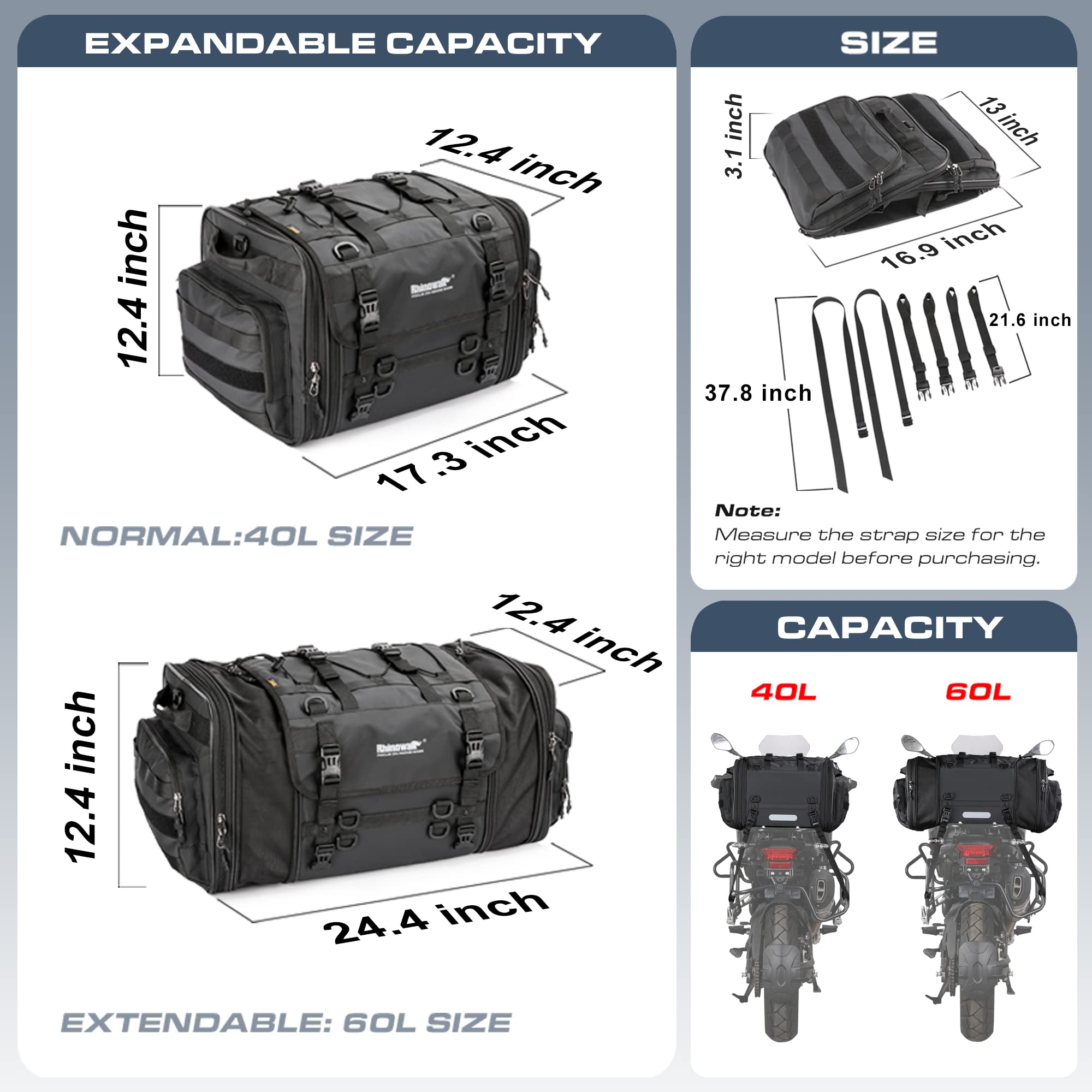 Rhinowalk bag expanded to 60L with visible interior space for clothes and gear