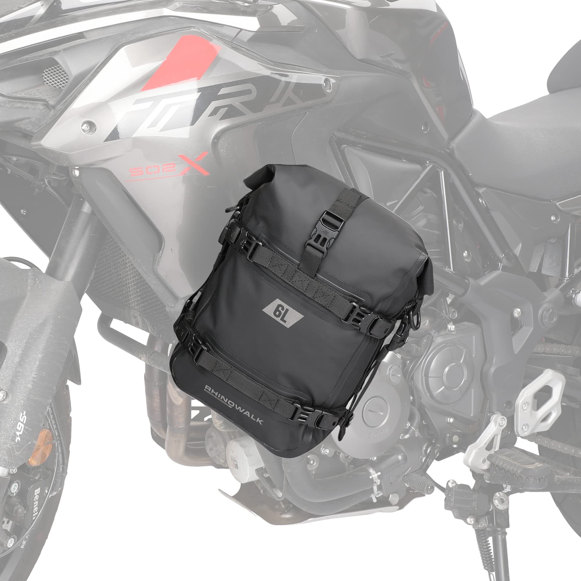 Rhinowalk front-mounted crash bar bag showing secure attachment and compact storage
