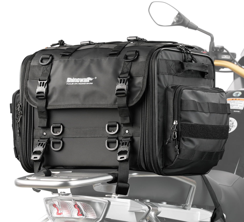 Rhinowalk tail bag front view showing compact profile and mounting straps for secure transport