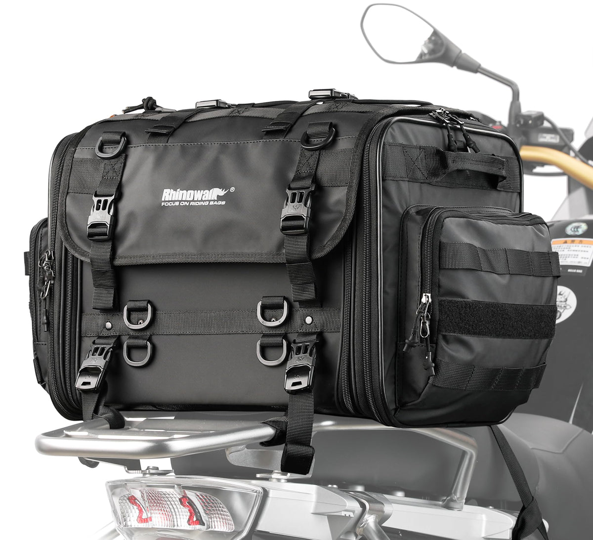 Rhinowalk tail bag front view showing compact profile and mounting straps for secure transport