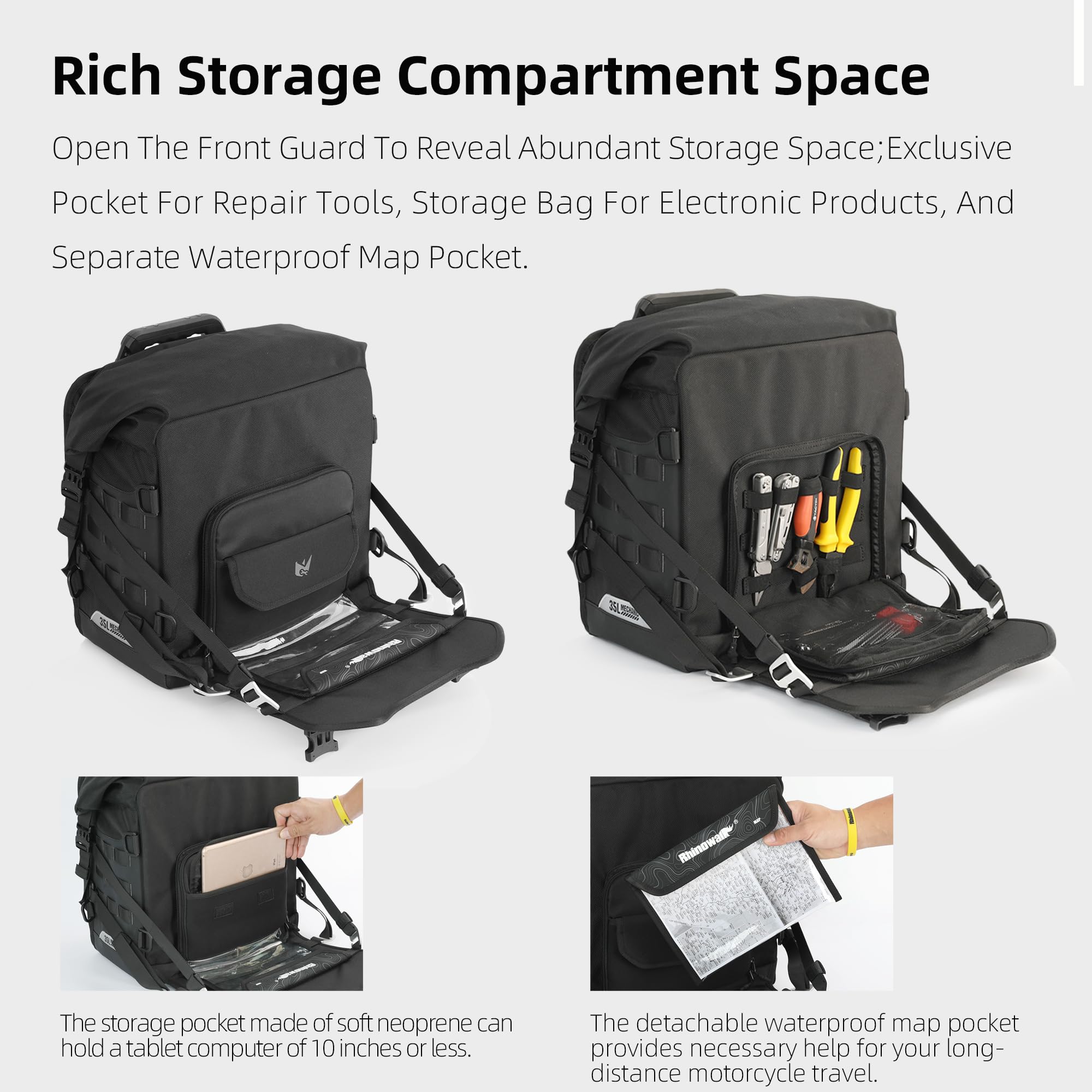 Rhinowalk semi-rigid PE support panel detail protecting gear from impacts