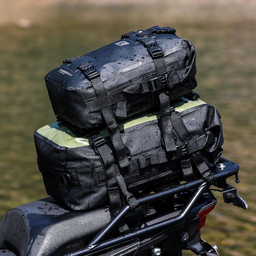 Rhinowalk next to helmet showing 30L scale and practical travel capacity