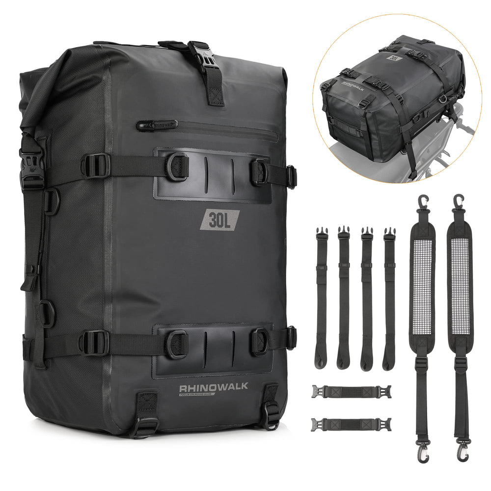 Rhinowalk tail bag front view showing sleek waterproof design and secure storage