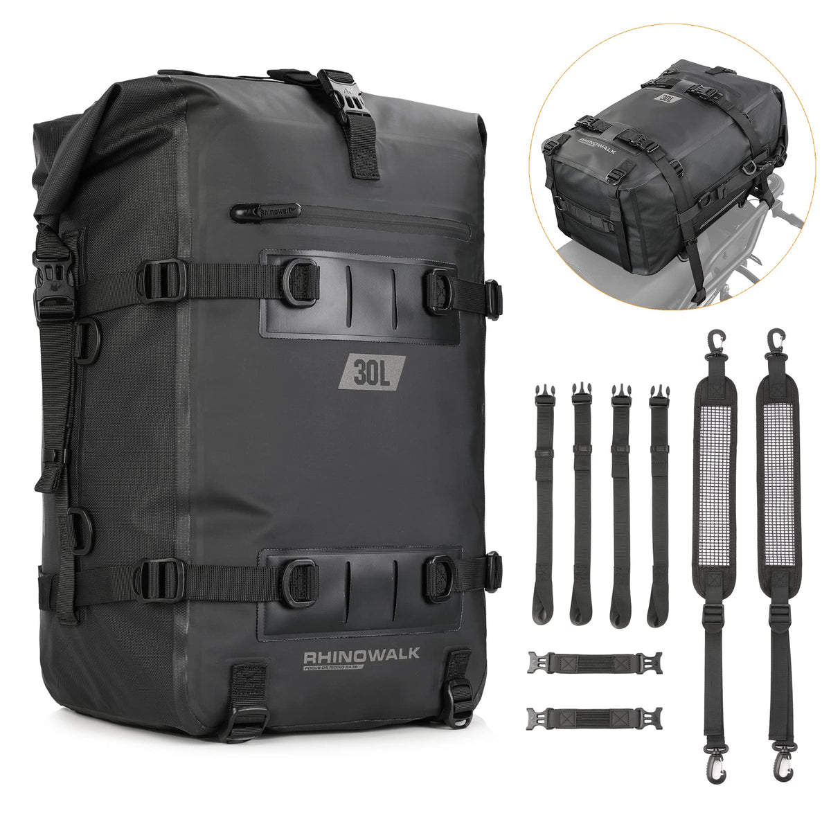 Rhinowalk tail bag front view showing sleek waterproof design and secure storage