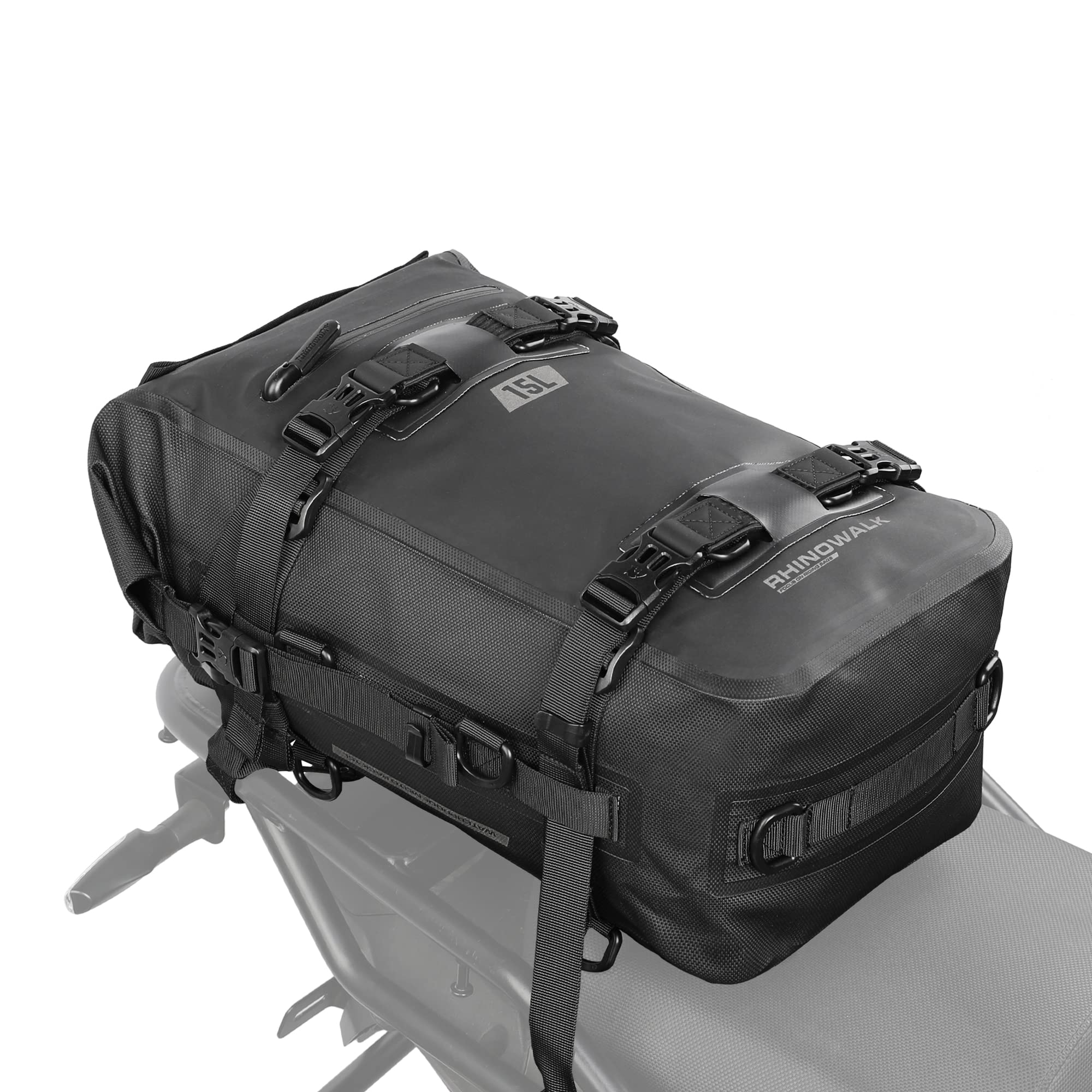 Rhinowalk tail bag front view showing secure buckles and compact benefit