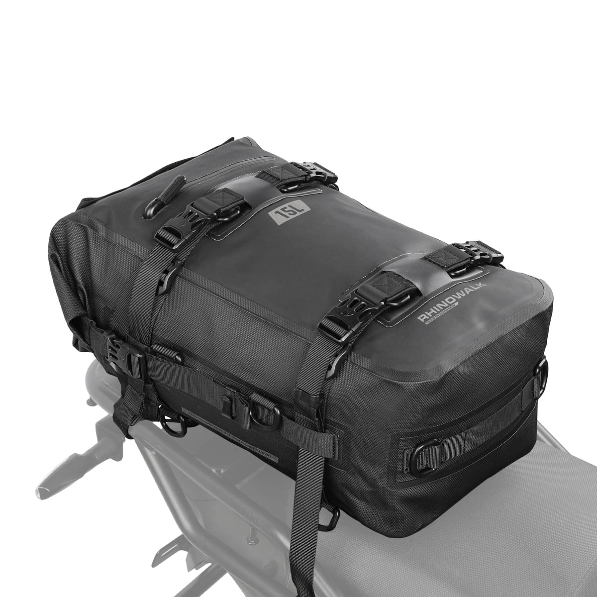 Rhinowalk tail bag front view showing secure buckles and compact benefit