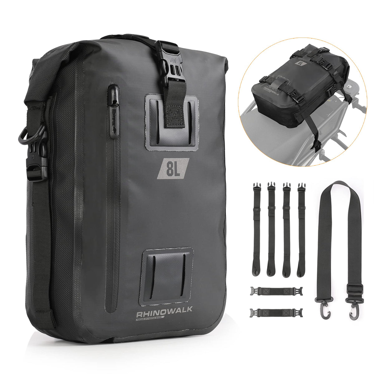 Rhinowalk tail bag front view showing compact waterproof storage