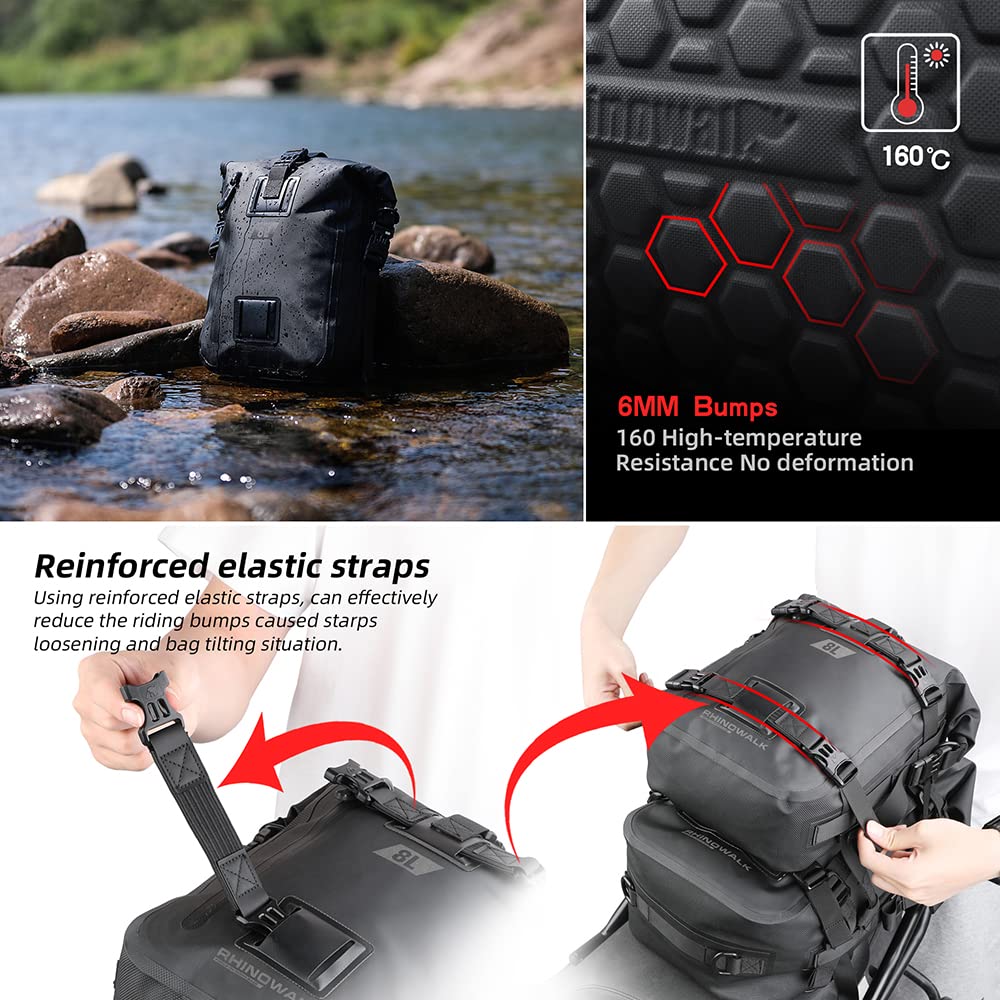 Rhinowalk bag mounted on motorcycle rear rack demonstrating stable attachment