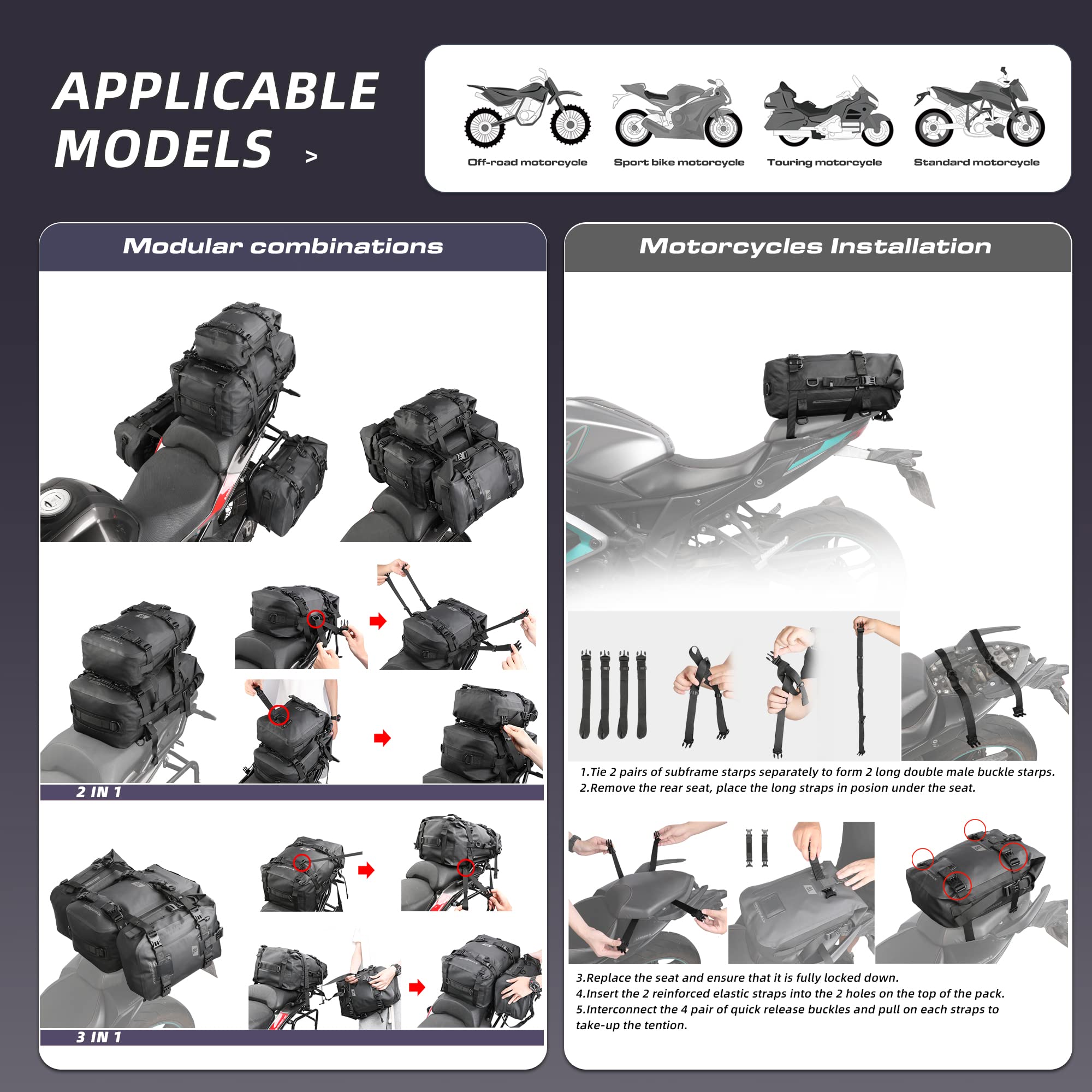 Rhinowalk bag mounted on motorcycle rear rack showing stable attachment benefit