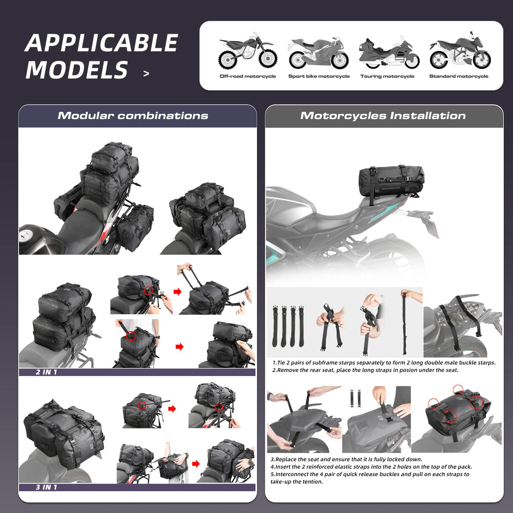 Rhinowalk bag mounted on motorcycle rear rack showing stable attachment benefit