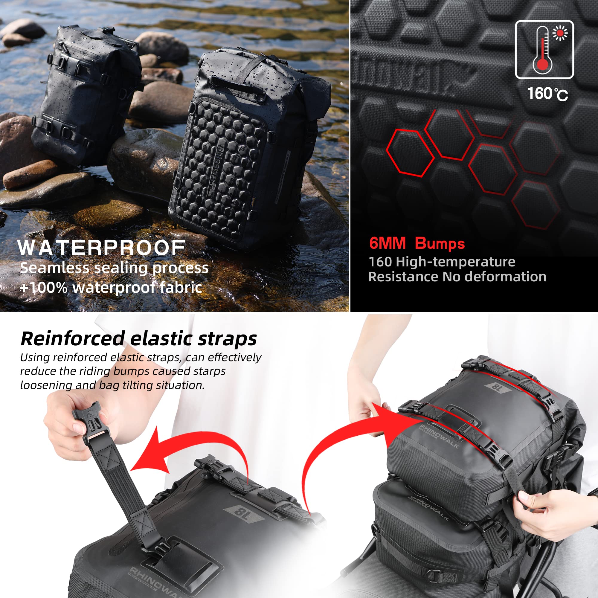 Rhinowalk tail bag side profile expanded to show extra capacity benefit