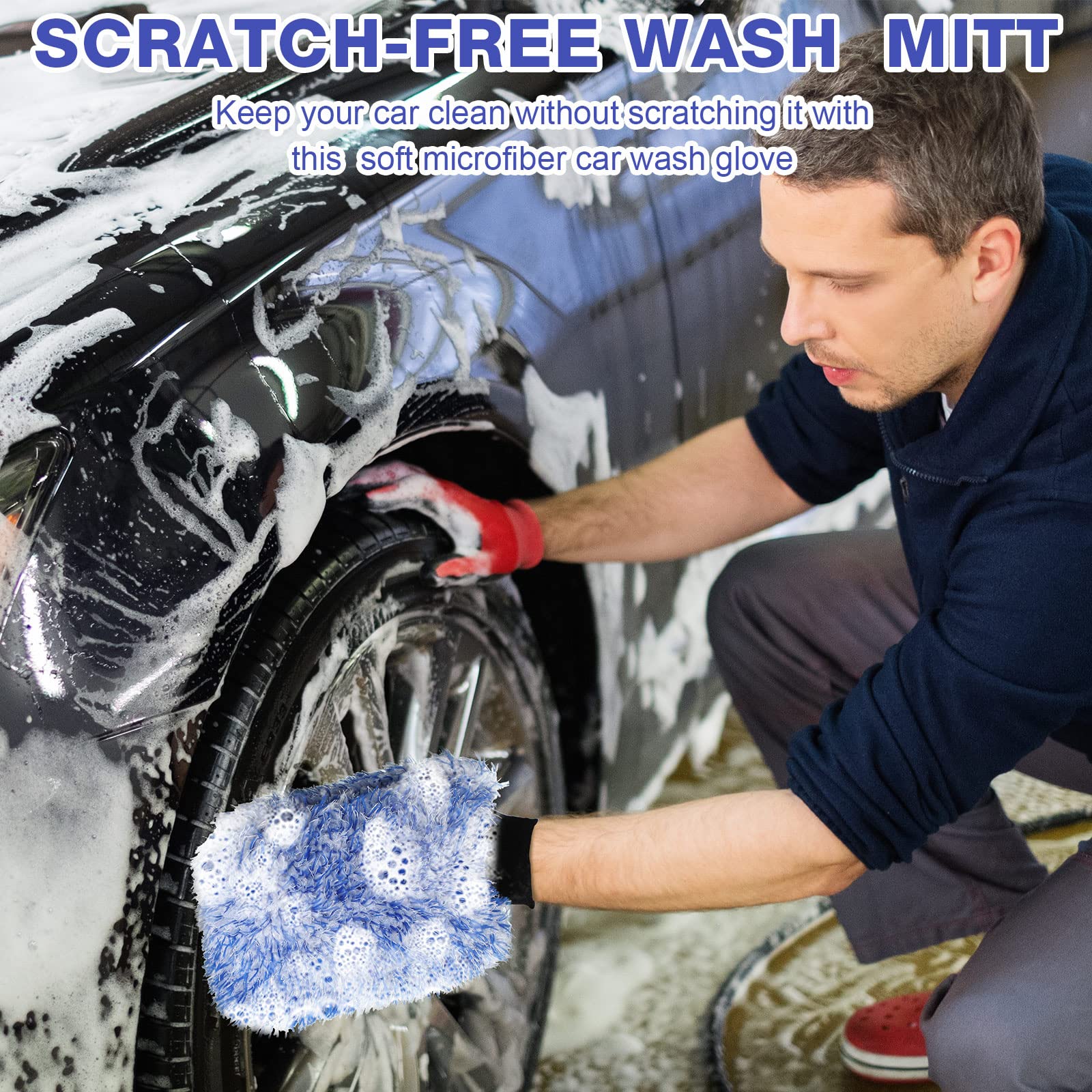 Riakrum mitts on car hood in sunlight showing gentle, scratch-free cleaning
