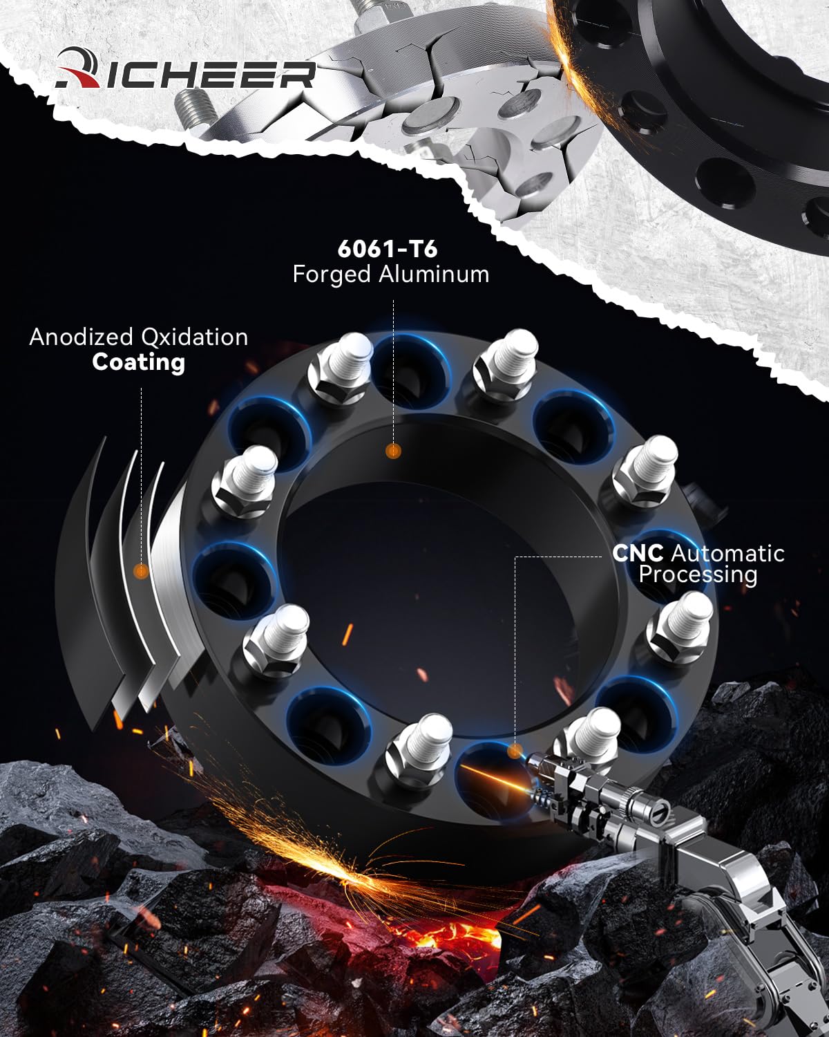 Richeer anodized surface texture close shot, resists corrosion and improves durability