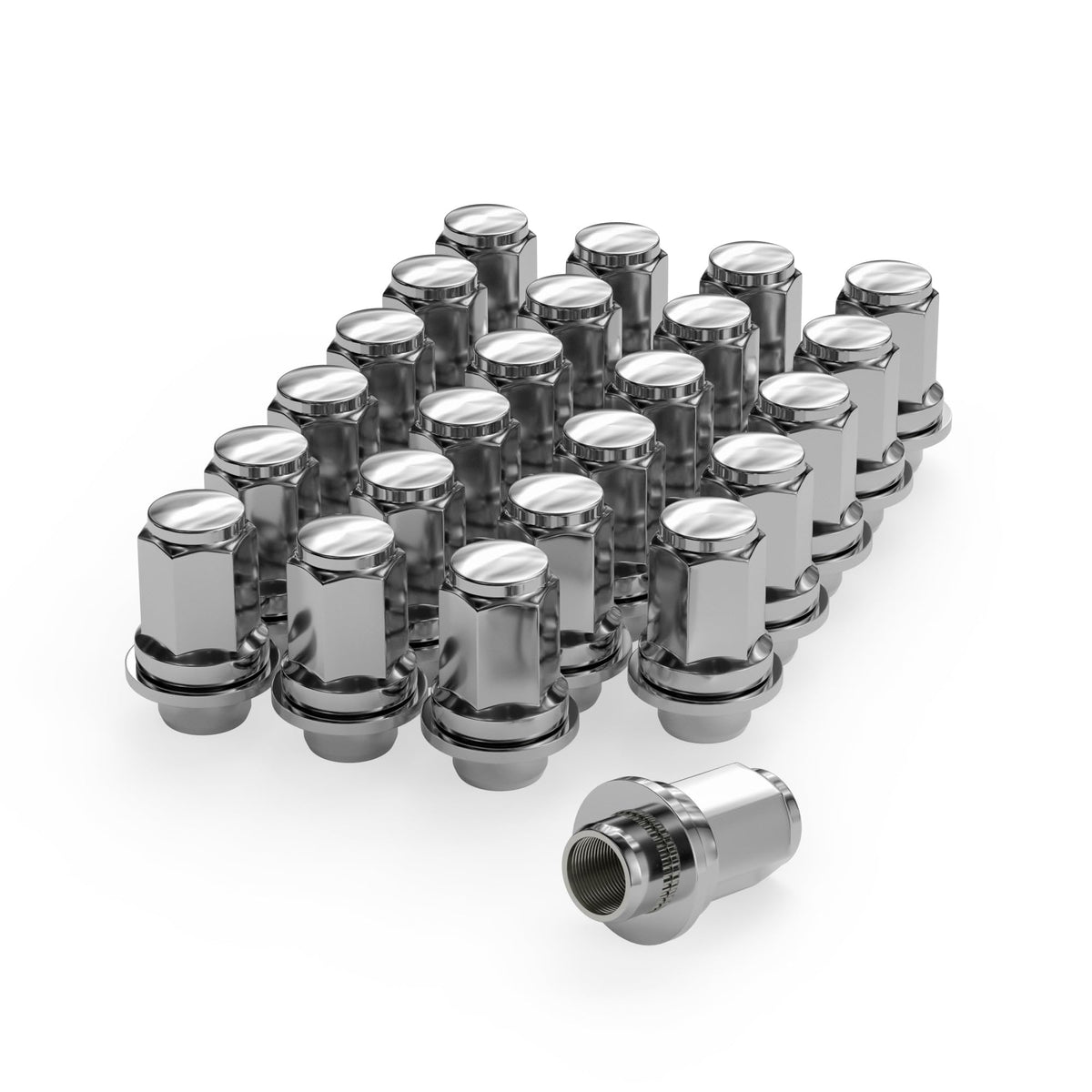 Richeer front packaging of 24 silver lug nuts showing neat set and OEM styling benefit