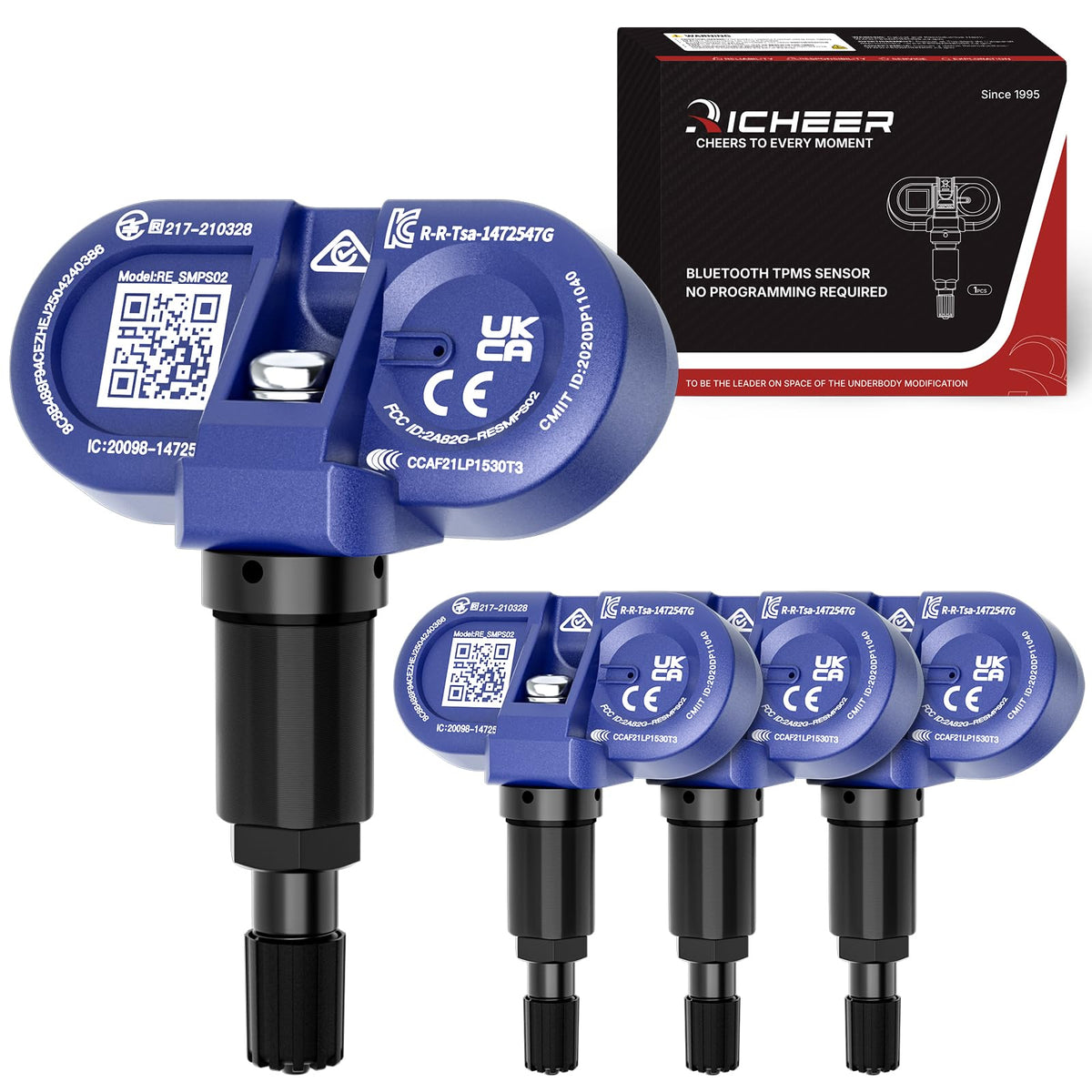Richeer front packaging showing four Bluetooth TPMS sensors and benefits