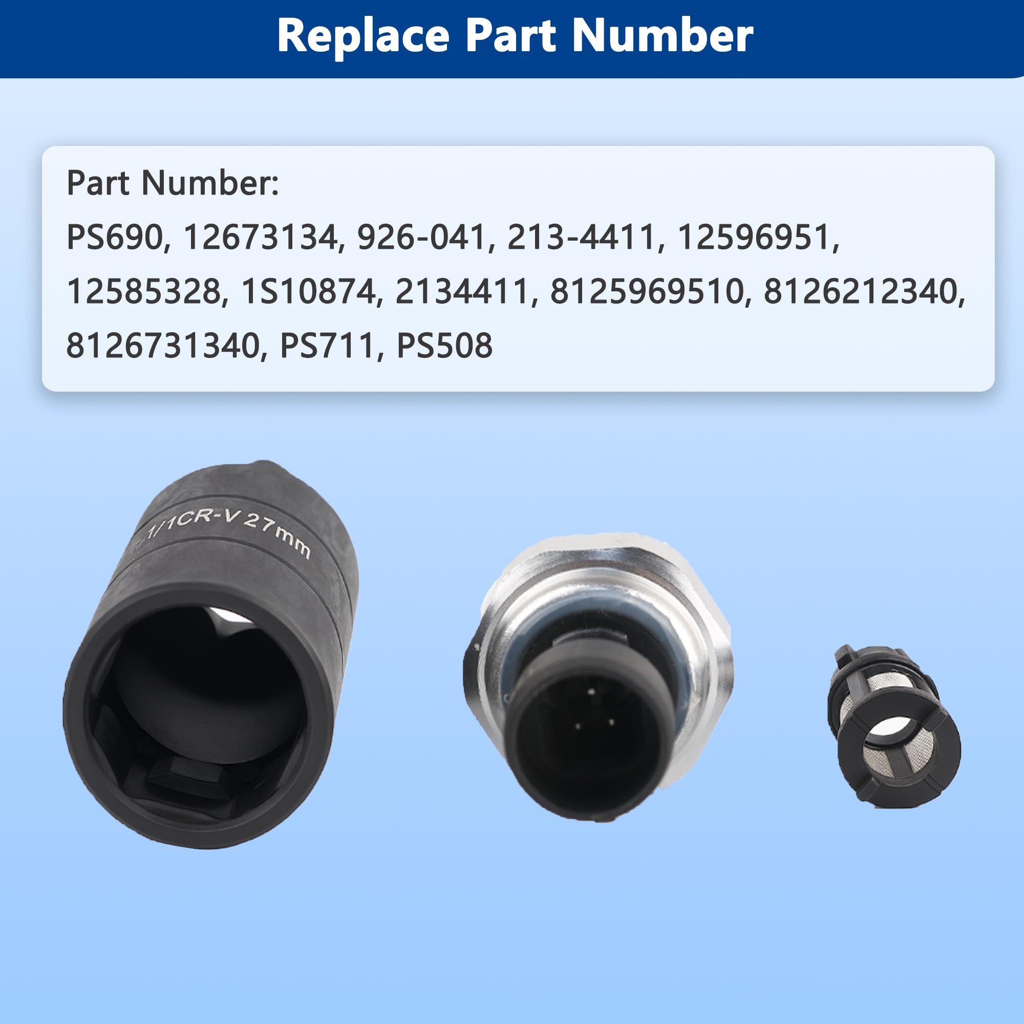 RICHWEI sensor beside ruler size comparison showing compact dimensions for tight engine spaces