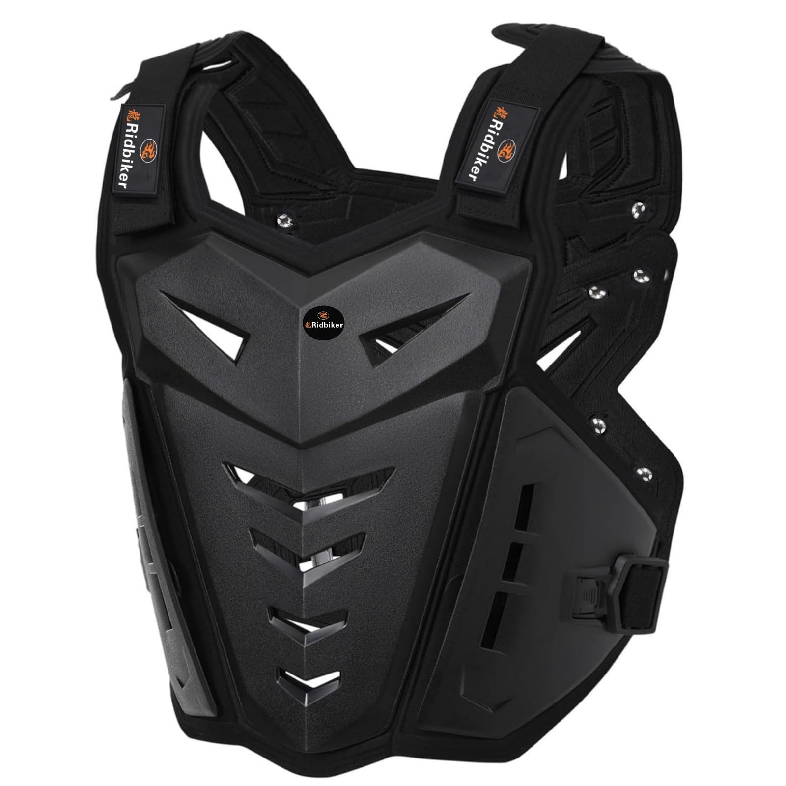 RIDBIKER front view chest armor showing full coverage and secure fit
