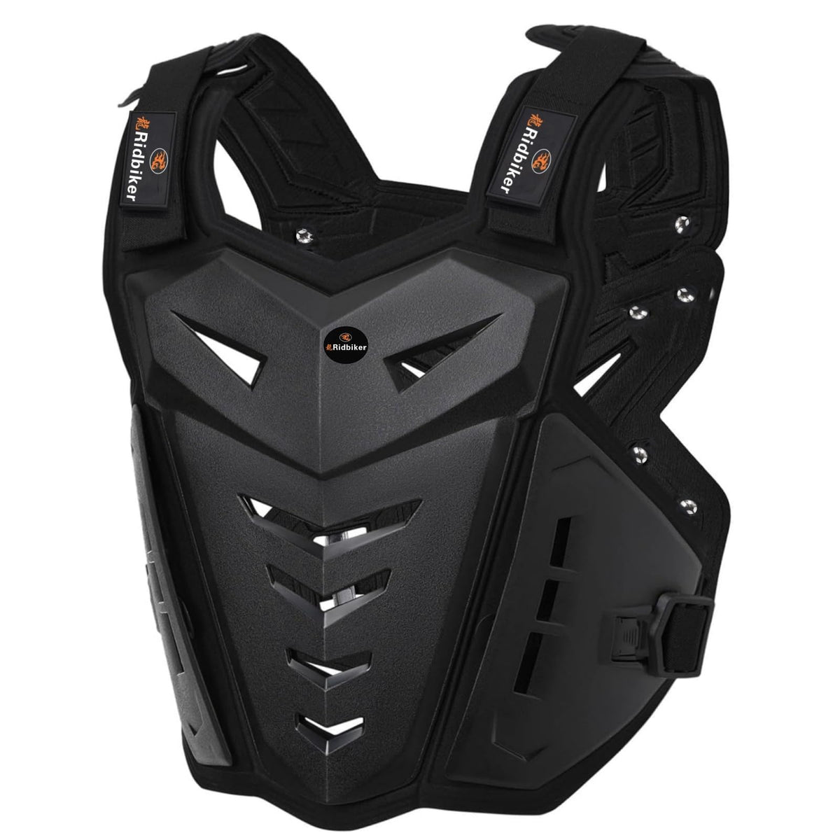 RIDBIKER front view chest armor showing full coverage and secure fit