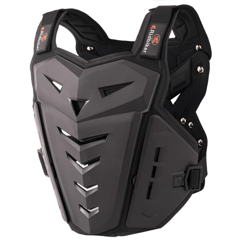 RIDBIKER front view of vest showing full chest protection and secure fit