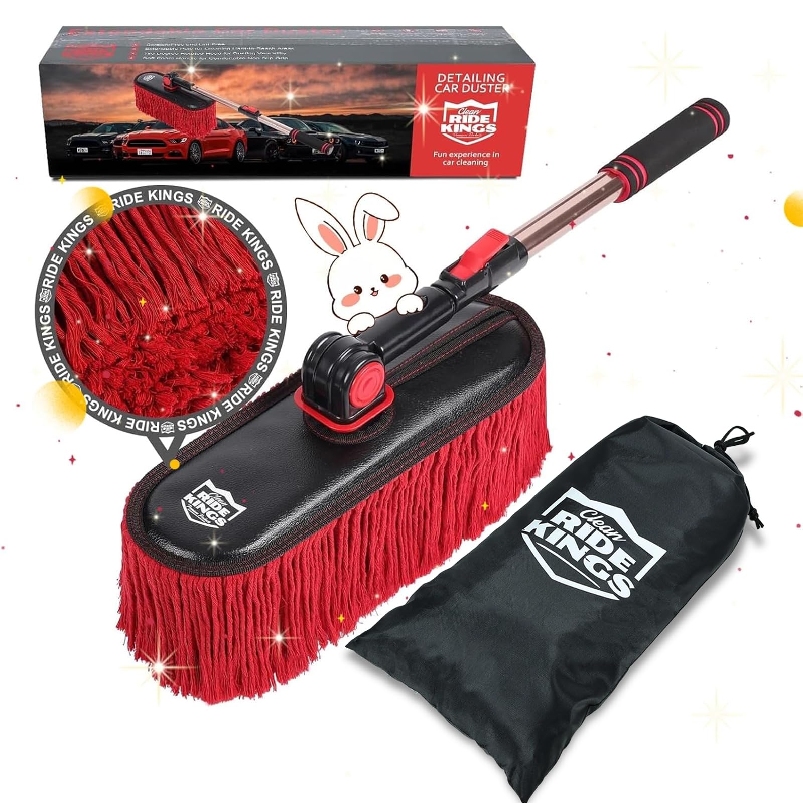 RIDE KINGS front view of extendable car duster showing full assembly and handle benefit
