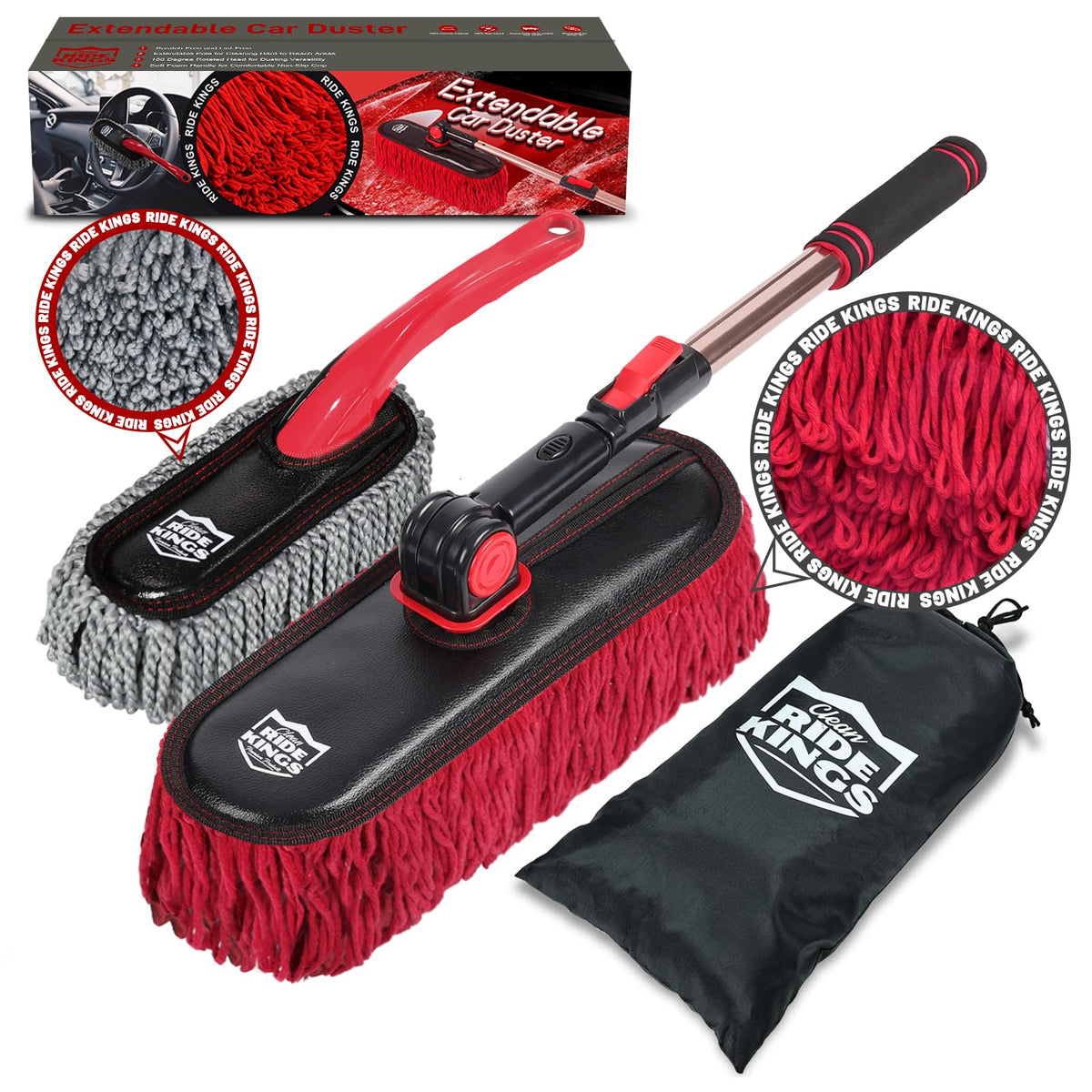 RIDE KINGS front view of red exterior duster shows compact design and easy reach