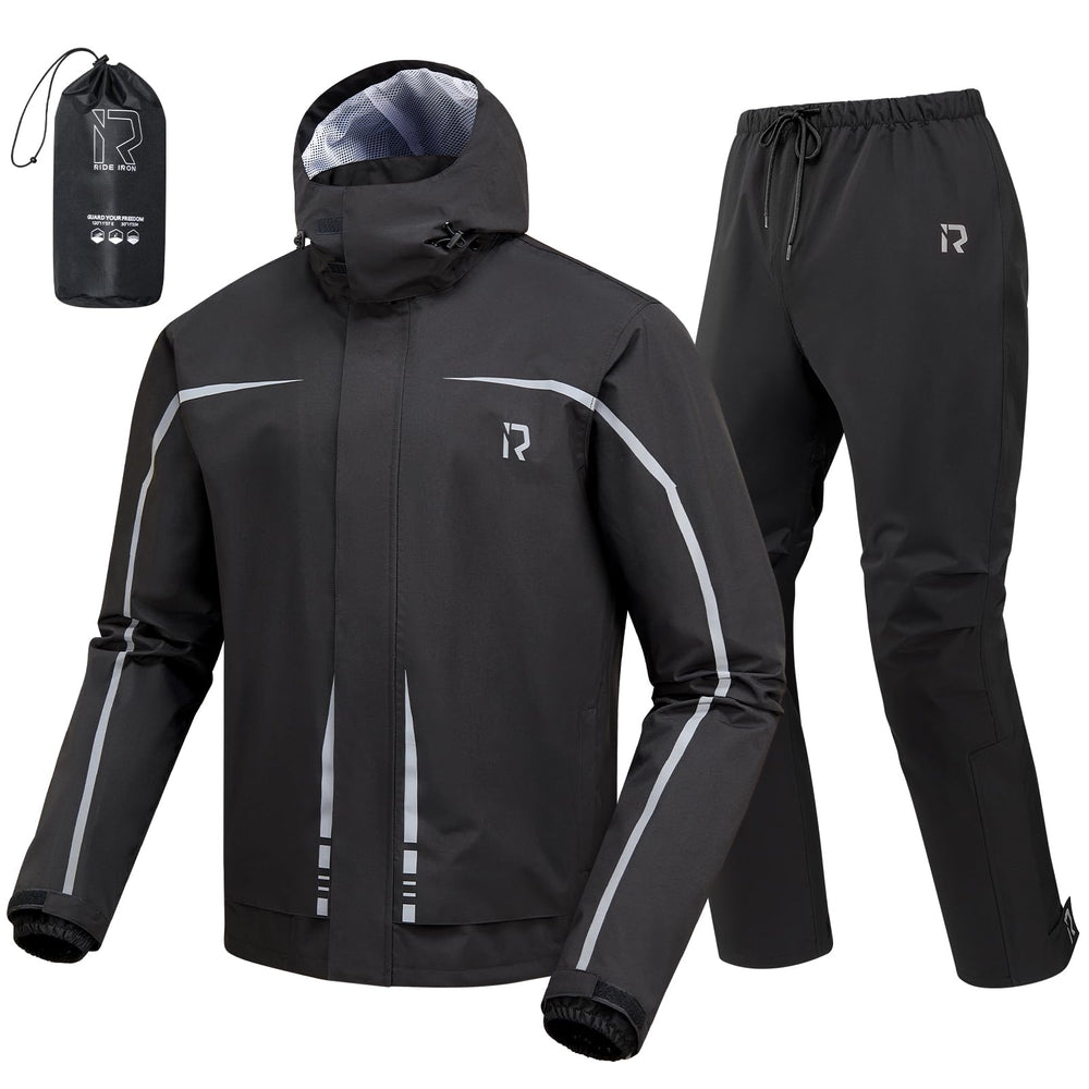 RIDEIRON front view of waterproof jacket and pants showing full coverage and protection