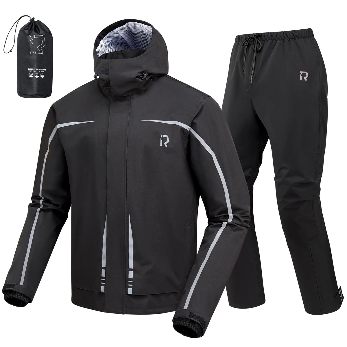 RIDEIRON front view of jacket and pants showing full coverage for dryness